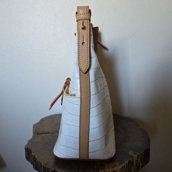 Dooney & Bourke Croco Embossed Leather Hobo Shoulder Bag Ivory Tan Trim - Picture 14 of 16